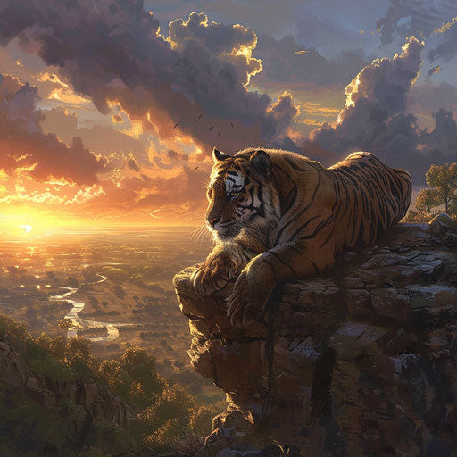 Tiger at sunset on a rock overlooking the savannah