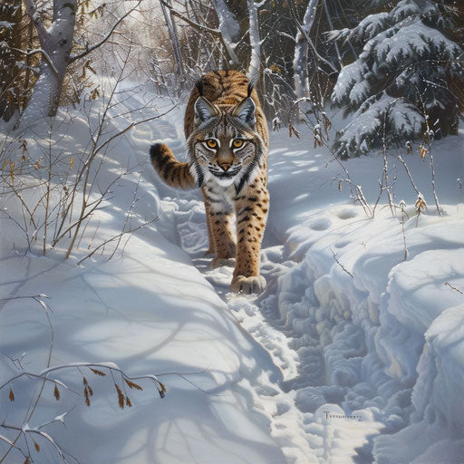 Lynx tracks in fresh snow, inviting the viewer on a journey through its territory