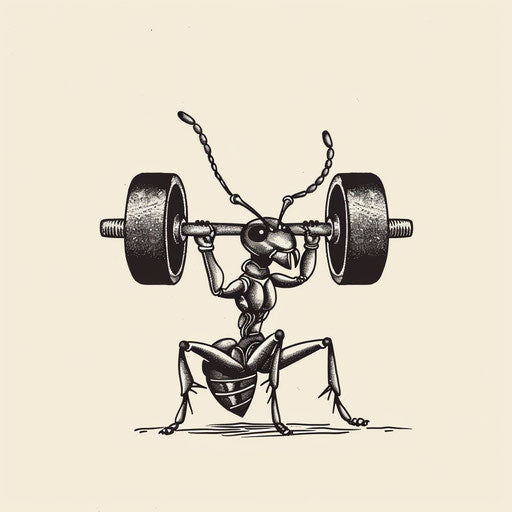 Dynamic flat tattoo sketch of an ant lifting weights, symbolizing power