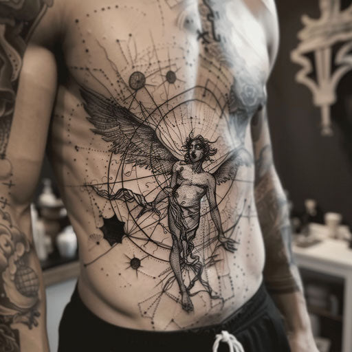 Dynamic flat tattoo sketch of Lucifer falling from heaven surrounded by abstract celestial motifs