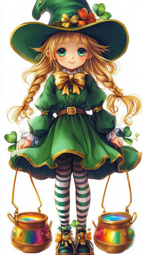 Girl in green with golden hat, pots of rainbow liquid