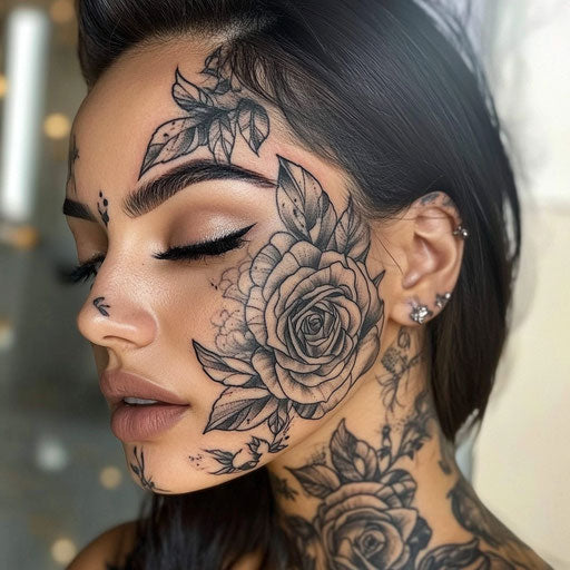 Face tattoos for women with a vintage rose design