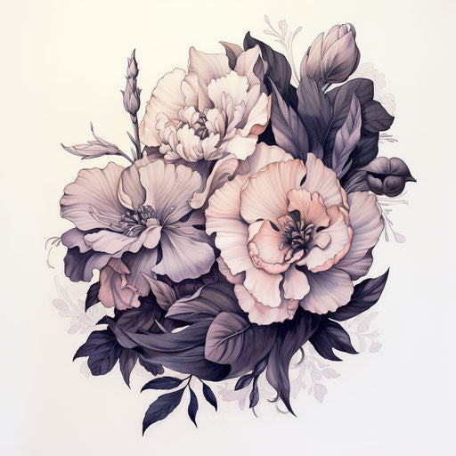 Flower tattoo drawing black ink, textured shading style