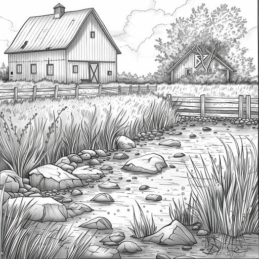 Peaceful morning scene with a barn and dew-covered grass. Coloring book page