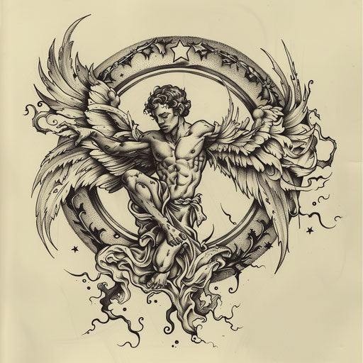Dynamic flat tattoo sketch of Lucifer falling from heaven surrounded by abstract celestial motifs