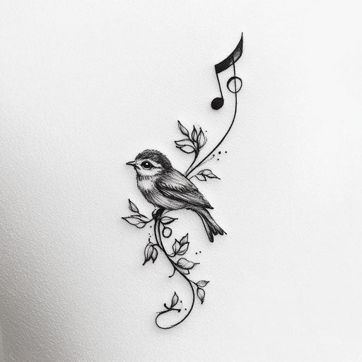Trendy cute tattoo sketch for women with bird and musical note