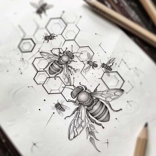 Intricate flat tattoo sketch with hexagons in a honeycomb with bees