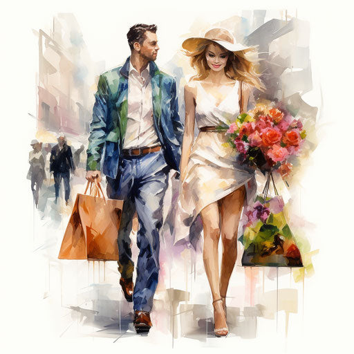 Shopping clipart in the style of oil painting, on white background