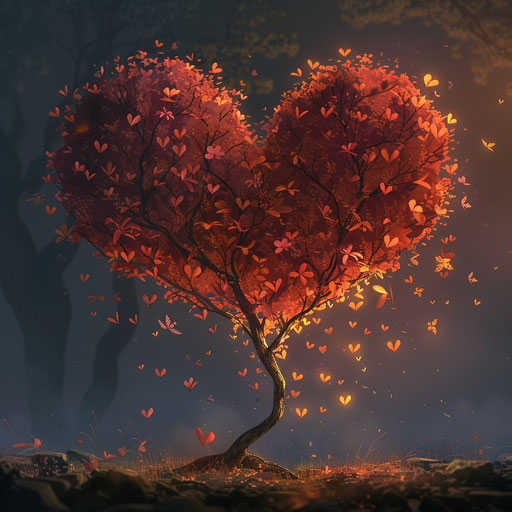 Heart-shaped tree with gently falling leaves
