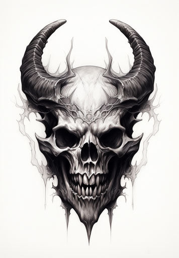 Full drawing of a skull with horned facial features, in the style of goblincore, captivating 23:33