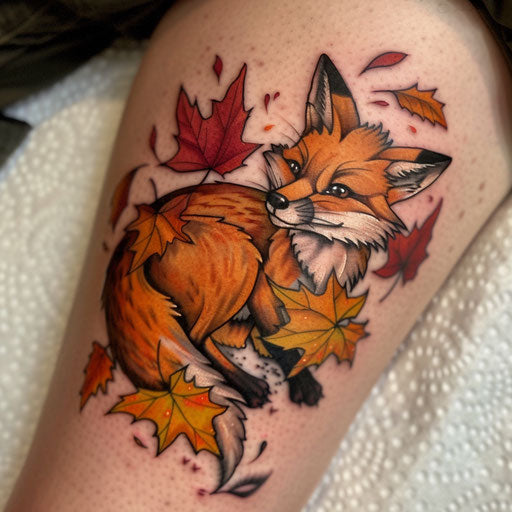 Fox and autumn leaves in a playful neo-traditional tattoo