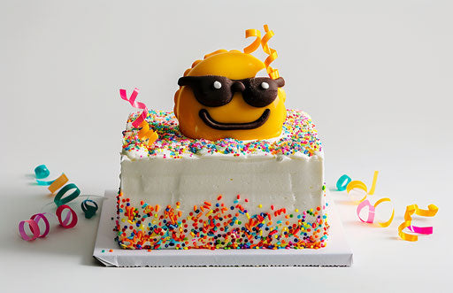 Square white cake with emoji balloon and sprinkles
