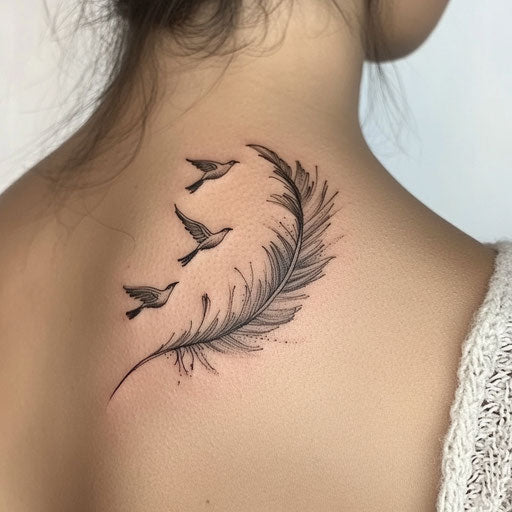 Delicate shoulder tattoo sketch with feather turning into birds on white background