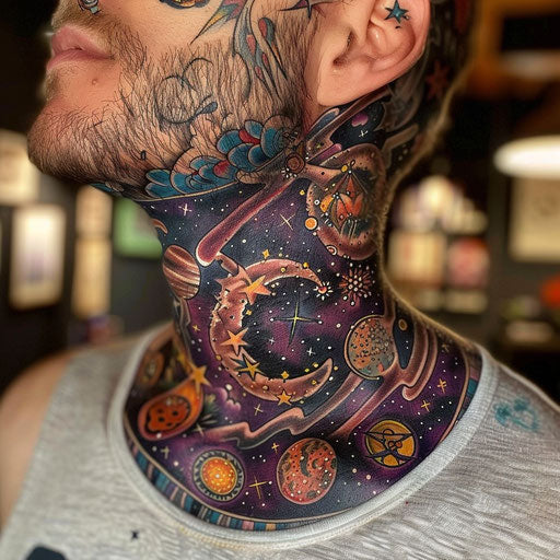 Neck tattoo for men with cosmic and celestial themes