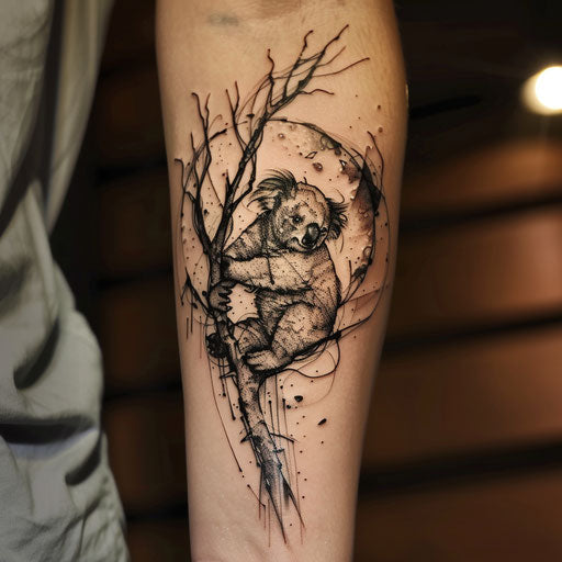 Bold and dark flat tattoo sketch with a koala silhouetted against the moon