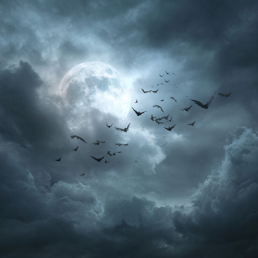 Dark sky with full moon and flying bats