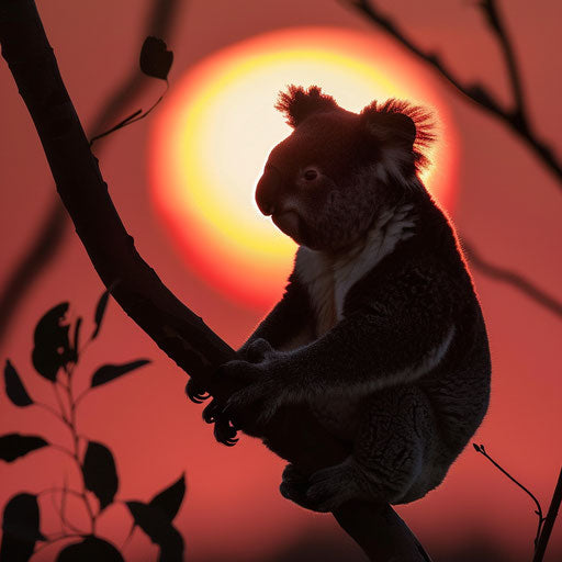 Koala silhouette at sunset, dramatic sky colors