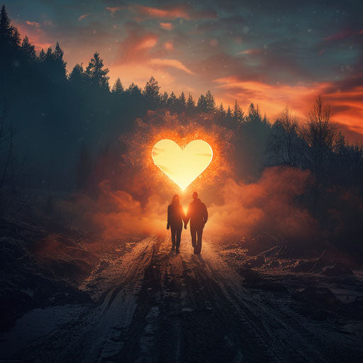 Glowing heart on sunset for couple walking hand in hand