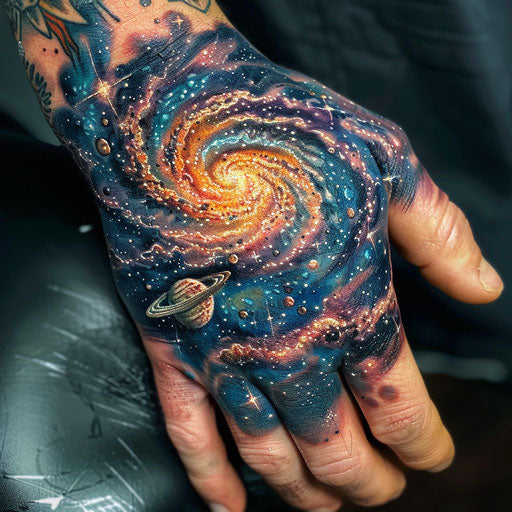 Hand tattoo with cosmic scene, Steve McNiven style