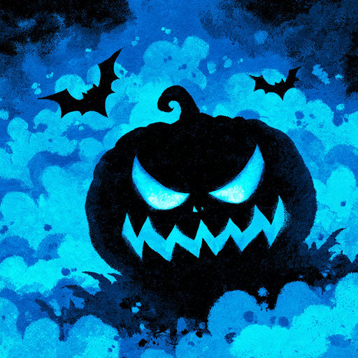 Blue Panel with Pumpkin and Bats in Darkness