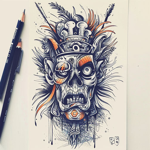 Energetic flat tattoo sketch of a shrunken head with dynamic tribal dance motifs