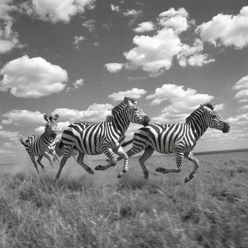Zebras running on the plains, dynamic action shot