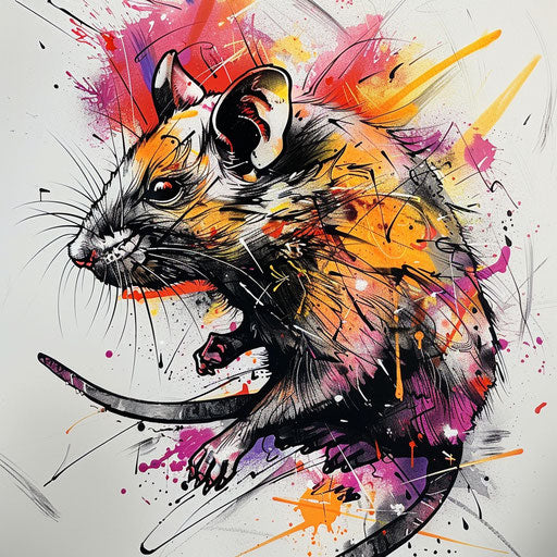 Edgy tattoo sketch of a rat with graffiti elements, splattered with bold sprays of color
