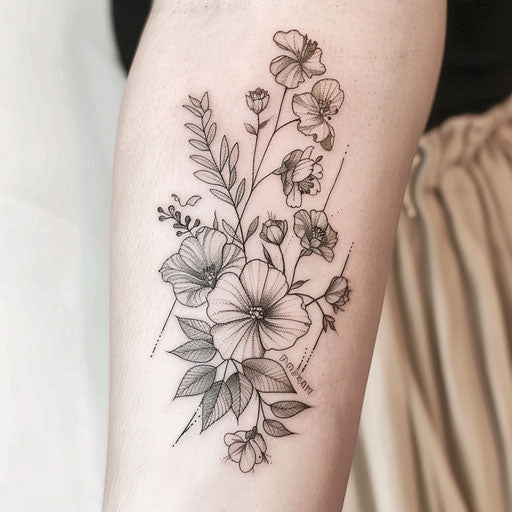 Botanical Blackwork Tattoo Design of Flowers and Leaves on White