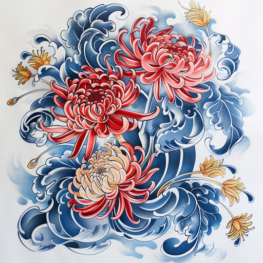 Traditional Japanese tattoo of a chrysanthemum with waves and wind on white background