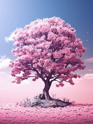 Cherry blossom tree in bloom against blue sky, light magenta and dark bronze style, cranberrycore 3:4