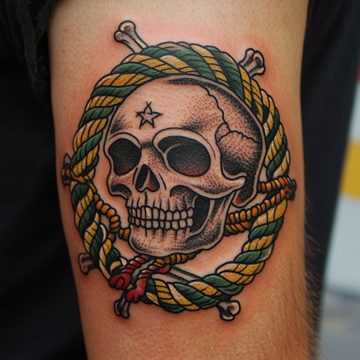 Skull tattoos for men with a skull and crossbones wrapped in nautical ropes