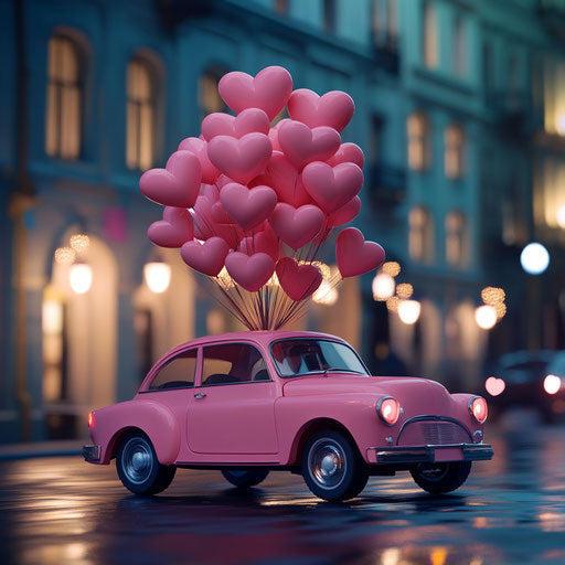 Pink vintage car with heart-shaped balloons