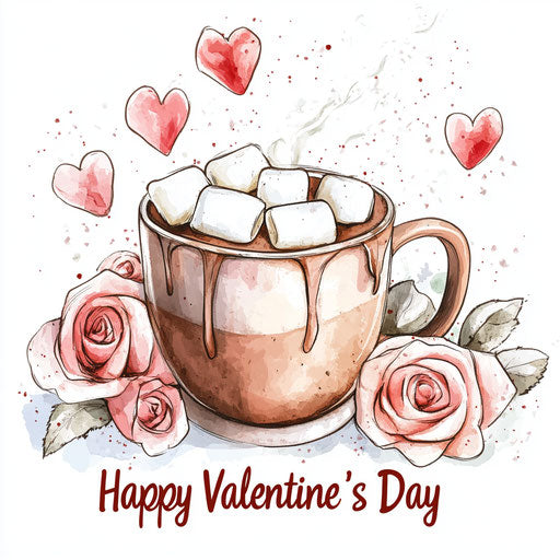 Hot chocolate with marshmallows, roses and hearts