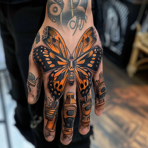 Butterfly hand tattoo with cyberpunk motifs