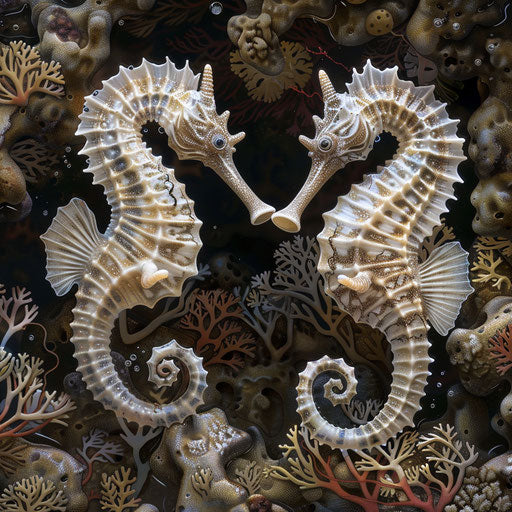 Seahorses emerging from coral, detailed and lifelike