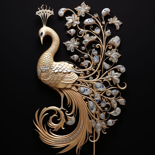 Peacock and lotus in white and gold wrought iron, vintage oriental style