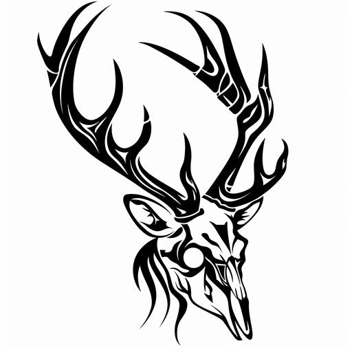 Tribal style deer skull tattoo with bold black swirls and sharp points on clean white background