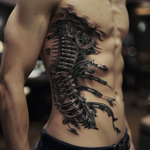 Rib tattoos for men with mechanical elements