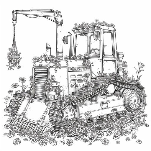 Flower-decorated bulldozer at garden festival. Coloring page
