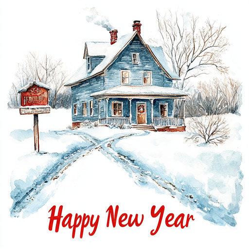 Watercolor painting of a beautiful old rustic farmhouse in winter