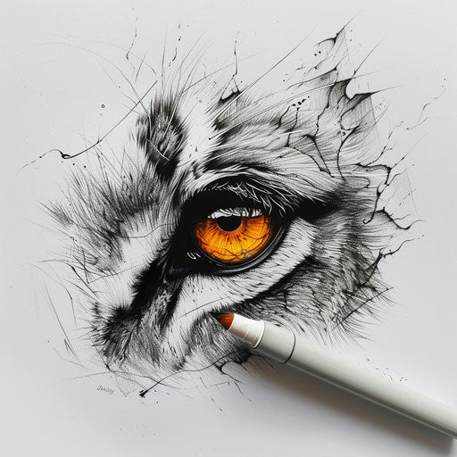 Bold flat tattoo sketch of a micro realism lion's eye