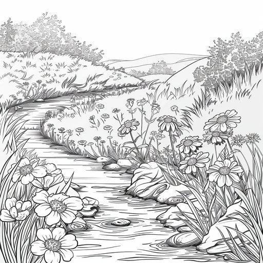 Tranquil stream through field of spring flowers