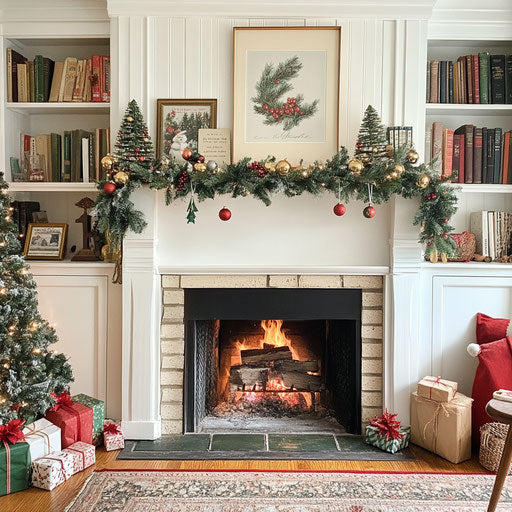 Fireplace with bookshelf filled with holiday classics