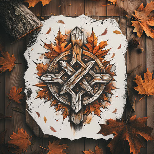 Rustic flat tattoo sketch of a rune with wooden texture surrounded by autumn leaves