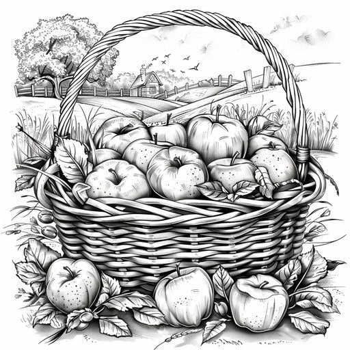 A basket of apples with rural backdrop. Coloring page
