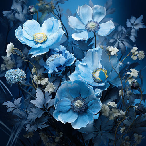 Blue garden flowers, soft-edged style, dark cyan, natural symbolism