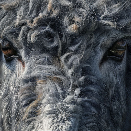 Close-up of a donkey with textured coat and expressive eyes, Tim Flach style