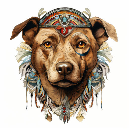 Embroidered portrait of a dog with colorful patterns on head