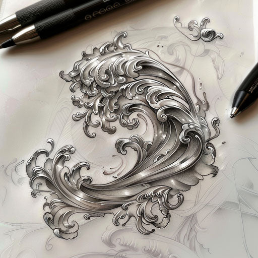 Elegant tattoo sketch of a silver wave with delicate curves
