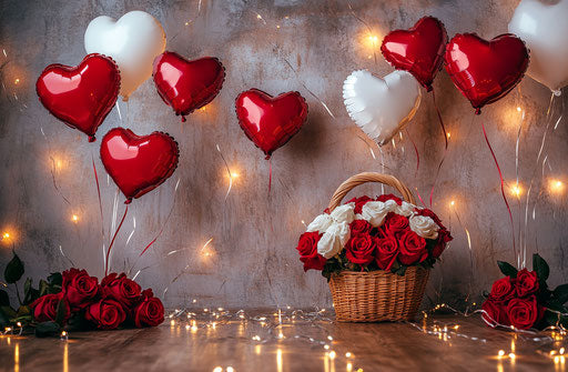 Heart-shaped balloons and roses in a basket with lights